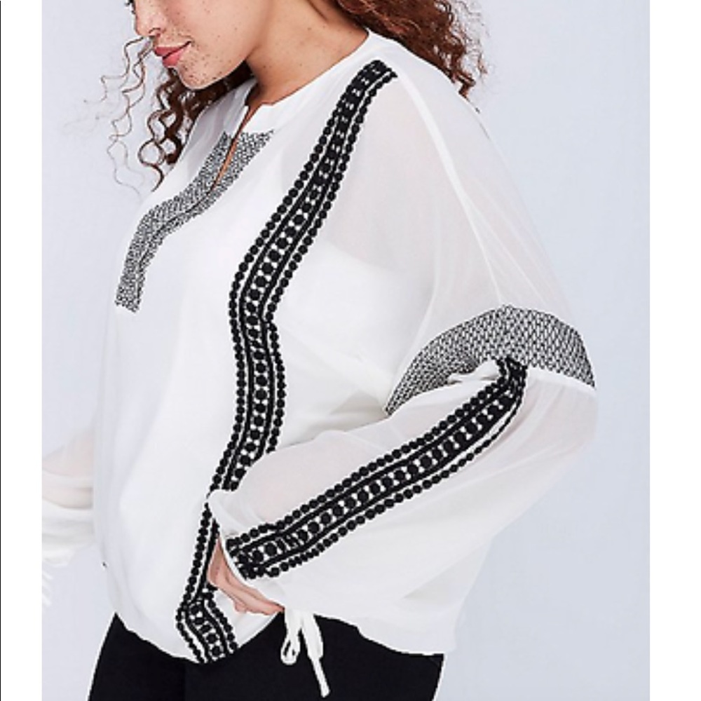 Lane Bryant sheer white embroidered peasant top